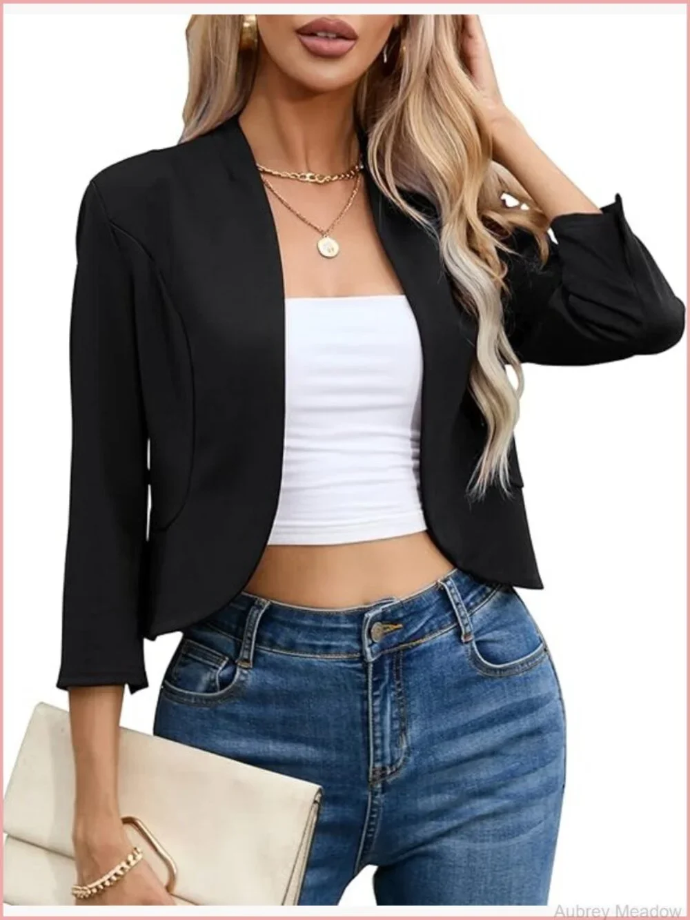 Cropped Blazer 3/4 Sleeve Collarless Open Front Cardigan Work Jacket Shrug